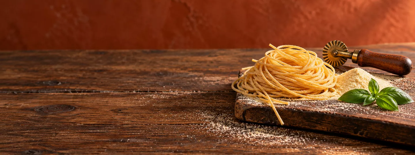 Nyers bronzhúzásos spagetti lisztes diófa deszkán, bazsalikommal – Pastificio Fiorillo kézműves olasz tészták
