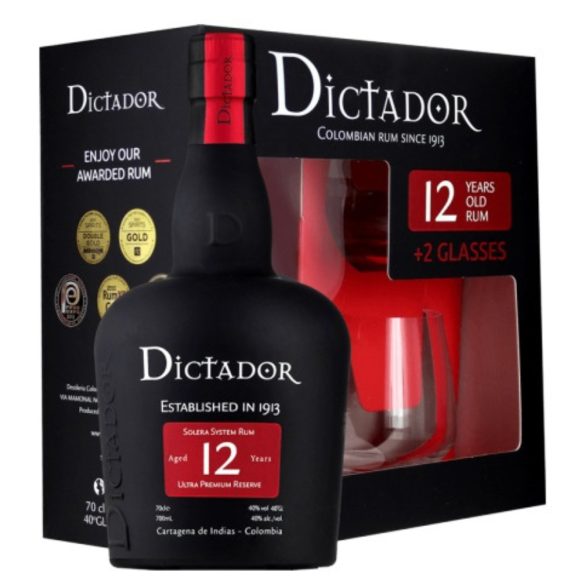 Dictador 12 éves kolumbiai rum díszdobozban pohárral